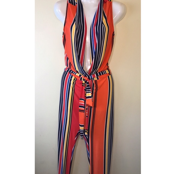 ✨NEW✨Orange Stripe Deep VNeck Sexy Jumpsuit - Picture 6 of 7